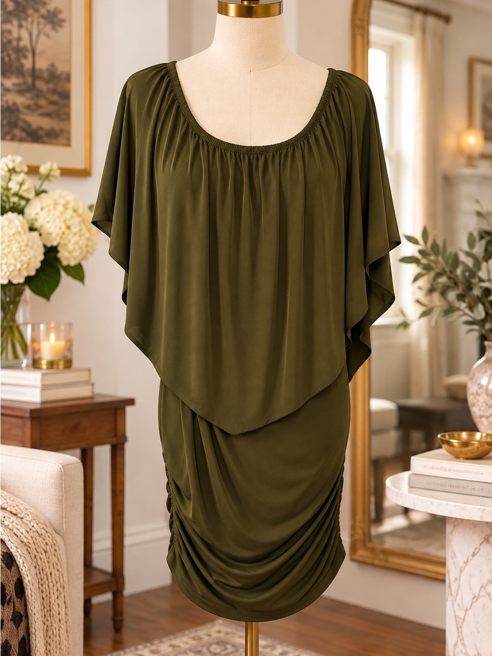 Amazon Olive Green Draped Midi Dress with Ruched Skirt